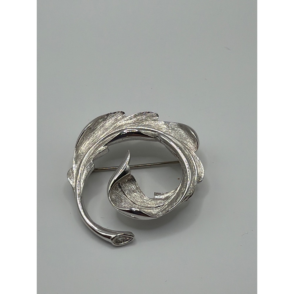 Monet Silver Tone Textured Leaf Swirl Brooch Vintage Brushed Metal Pin
